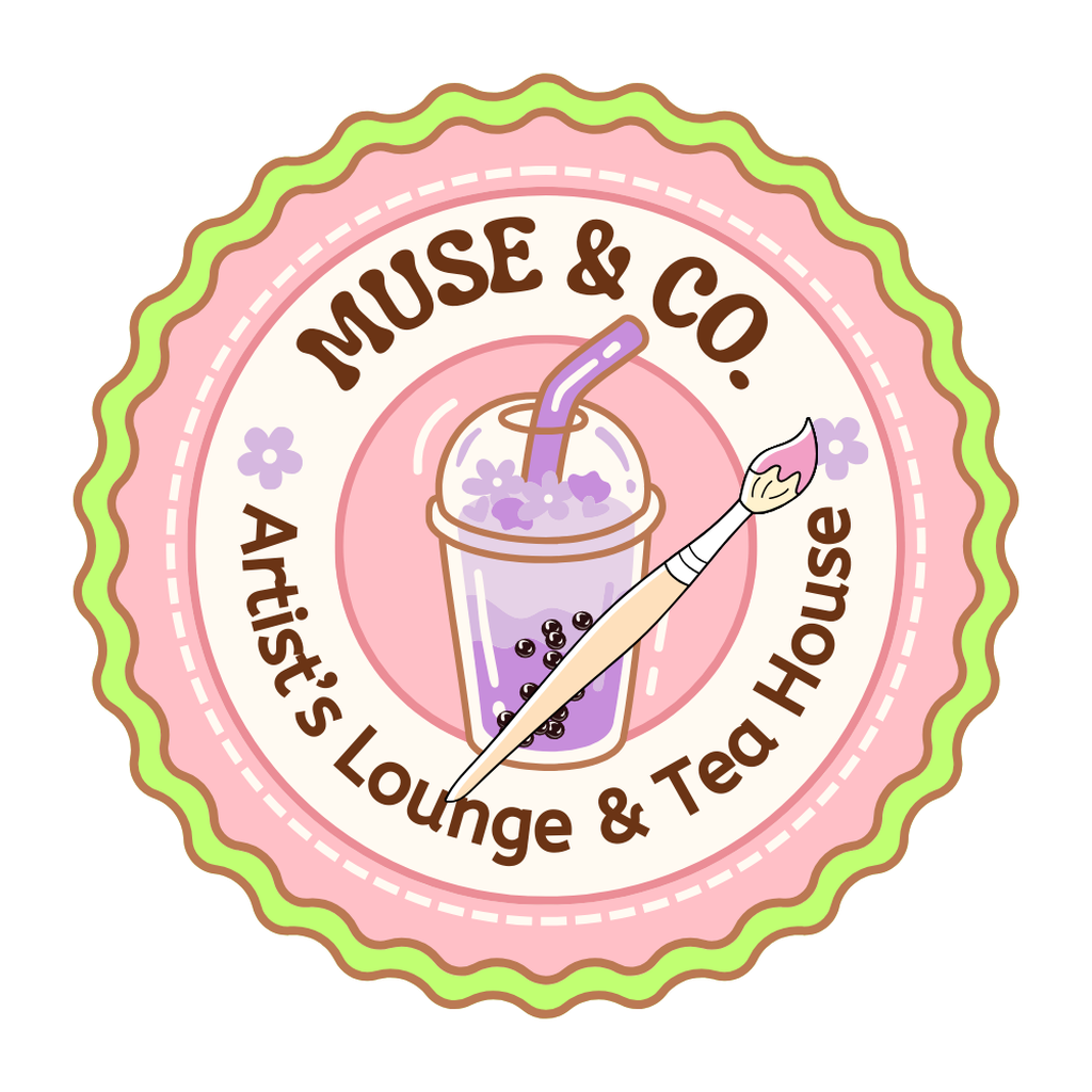 Muse & Co Artist’s Lounge & Tea House: a scalloped pink and green badge with boba tea and a paintbrush