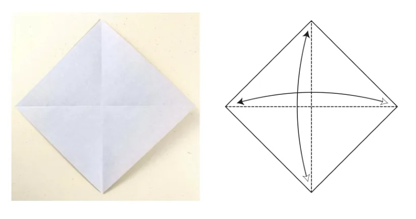 Photo and folding diagram for step 1: Start with the white side facing up. Fold the paper diagonally in both directions, then unfold.